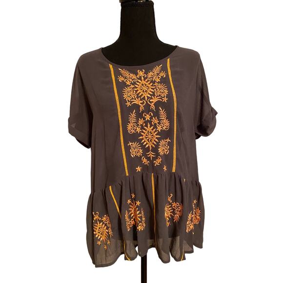 Cost Plus World Market Tops - Boho Sheer Gray Blouse S/M